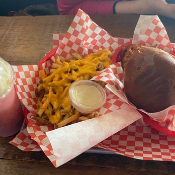 Lucy's - Bacon and Bacon Jam Fried Chicken Sandwich with Cheese Fries. - American Near Me - Chicago, Illinois