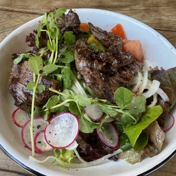 Watershed - Hanger steak salad with heirloom tomatoes, olives and radish. - New American Near Me - Mill Valley, California