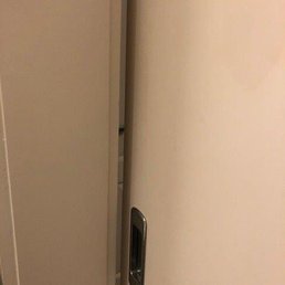 An inch gap created by the barn door that serves as your bathroom door. Privacy lacks due to this. An inch gap created by the barn door that serves as your bathroom door. Privacy lacks due to this.