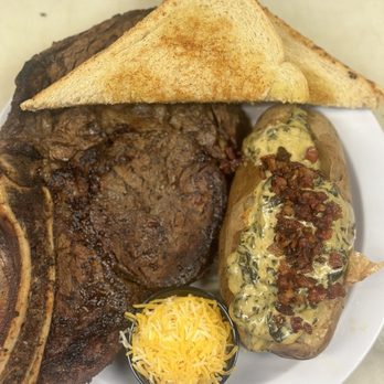 Bear Creek Golf Complex - Grilled ribeye steak, loaded bake potato and garlic toast - Golf Near Me - Chandler, Arizona Bear Creek Golf Complex - Grilled ribeye steak, loaded bake potato and garlic toast - Golf Near Me - Chandler, Arizona