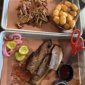 Hickory & Spice - 1/2 lb Pulled pork, 1/2 lb brisket, and tater tots. Scissors were brought from home to cut meat for the kids. - Barbeque Near Me - Orange, California Hickory & Spice - 1/2 lb Pulled pork, 1/2 lb brisket, and tater tots. Scissors were brought from home to cut meat for the kids. - Barbeque Near Me - Orange, California