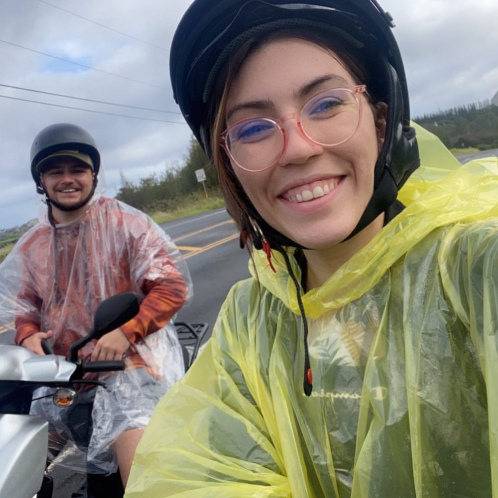 Scooting to Slaughterhouse Beach in the rain!