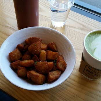 The Gray Olive Cafeteria - Large GO Potatoes with a match latte.....worth every penny! - Breakfast & Brunch Near Me - Burnaby, British Columbia
