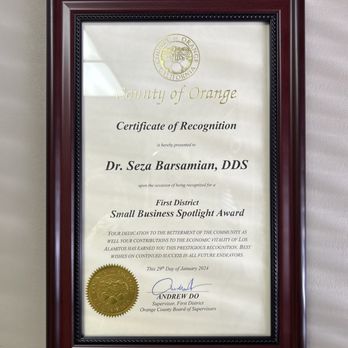 Seza Barsamian, DDS - Certificate of Recognition for helping the Veterans. - Cosmetic Dentists Near Me - Los Alamitos, California