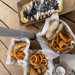Chicken tenders, garlic Parmesan chicken tenders, cookies n cream fry bread