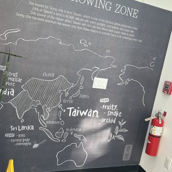 Gong Cha - A chalkboard-style map of Asia features Taiwan prominently as a tea-growing zone, with annotations about its tea leaves and flavor notes such as fruity, smoke, and orchid. Surrounding countries like China, Japan, Korea, Vietnam, Sri Lanka, and Indonesia are also labeled, with some flavor descriptions like rose, strong body, and champagne. The map includes a small illustration of tea leaves and a stylized signature or stamp at the bottom right. The setting appears to be inside a tea or beverage establishment, with a fire alarm and fire extinguisher visible on the right side. - Bubble Tea Near Me - Hackensack, New Jersey