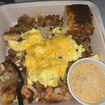 Turning Point - Low Country Shrimp Hash without bacon and scrambled cheese eggs. - Breakfast & Brunch Near Me - Newark, Delaware