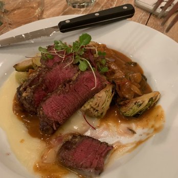 Chef Cameron Curry - Beef Tenderloin with mushroom brandy sauce, roasted brussel sprouts, and garlic whipped potatoes - Personal Chefs Near Me