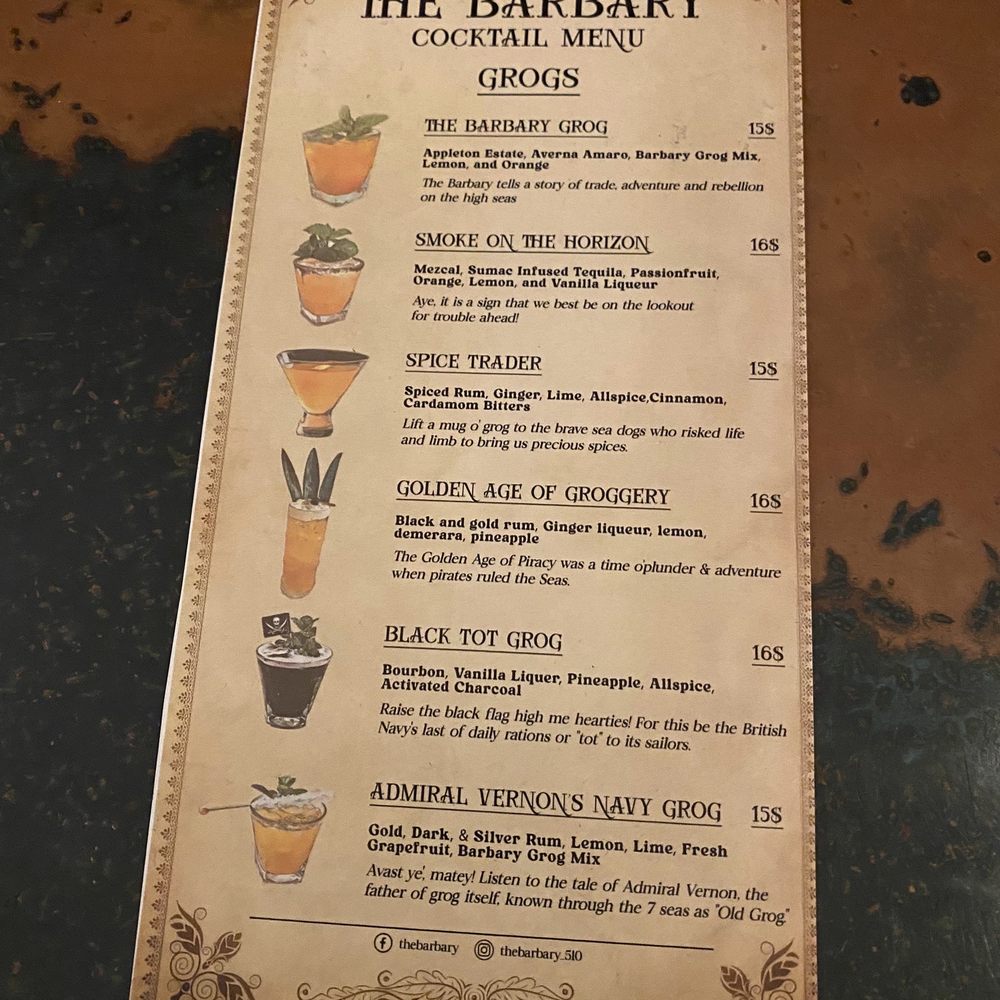 The Barbary - Grog menu - Bars Near Me - Oakland, California