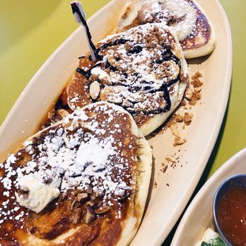 Snooze, an A.M. Eatery - Gluten free pancake flight- (top to bottom) cinnamon roll, blueberry danish, sweet potato - Breakfast & Brunch Near Me - Boulder, Colorado