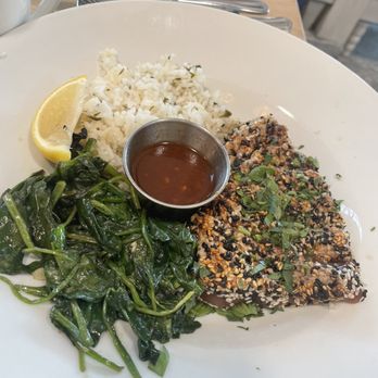 Lure Fish House - Sesame Seared Ahi Tuna (switched out brown rice side for cilantro lime rice) - Seafood Near Me - Porter Ranch, California Lure Fish House - Sesame Seared Ahi Tuna (switched out brown rice side for cilantro lime rice) - Seafood Near Me - Porter Ranch, California