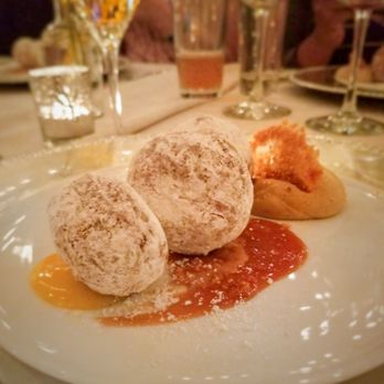SKY Armory - Course 5- 3 bignets atop 3 sauces- dulce de leche, cafe au lait, and passionfruit..espresso mousse on the side with peanut brittle. - Venues & Event Spaces Near Me - Syracuse, New York