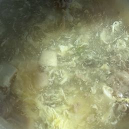 Egg Blossom Soup with Pork Hash; tasteless and made with only water & cornstarch Egg Blossom Soup with Pork Hash; tasteless and made with only water & cornstarch