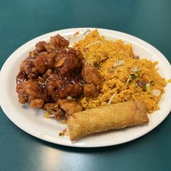 Hunan King - Orange chicken combination with pork fried rice and egg roll.