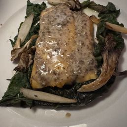 Pan seared Halibut, Fungi Misti butter sauce & salsify chard