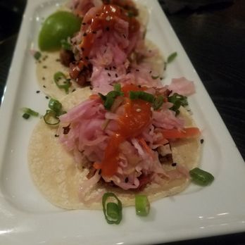 Starfish - Korean Tacos (3): grilled soy and michiu marinated prime flat iron, pickled vegetables, gochujang aioli, corn tortillas - Asian Fusion Near Me - Laguna Beach, California