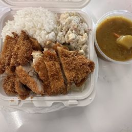 Chicken Katsu + Curry , has the cup of curry, rice, macaroni salad, cabbage under the chicken, and of course the chicken! Chicken Katsu + Curry , has the cup of curry, rice, macaroni salad, cabbage under the chicken, and of course the chicken!