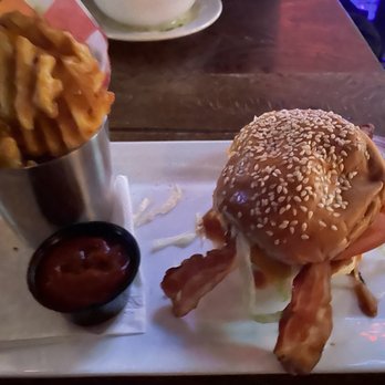 The Whiskey Priest - Smokehouse burger w/ waffle fries (added lettuce and tomato) - Sports Bars Near Me - Belleville, New Jersey The Whiskey Priest - Smokehouse burger w/ waffle fries (added lettuce and tomato) - Sports Bars Near Me - Belleville, New Jersey