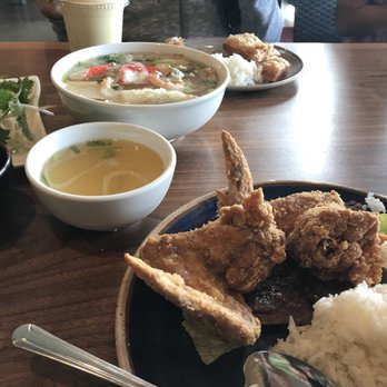 Pho Vallejo Noodle House - Combo with wings, eggroll and bbq pork. Seafood soup. No photo for the other food, came hungry from work! - Vietnamese Near Me - Vallejo, California