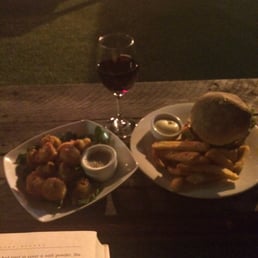 Vegan burger and beer battered mushrooms with a honey and sesame sauce