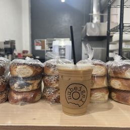 Yesterday's Bagels you can snag for a deal. Iced latte.
