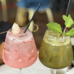 Mocktails: Strawberry Lychee (left) Matcha Mojito (right)