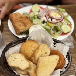 Harrisburg Family House - Snanakopita with a Greek salad and a nice basket of bread.