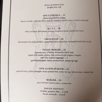 Five Leaves - Menu as of 12/2025 - New American Near Me - Brooklyn, New York
