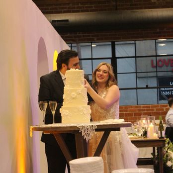 Cakery Bakery - Cake cutting our Lemon cake with raspberry Bavarian filling and white chocolate frosting! - Bakeries Near Me - La Cañada Flintridge, California