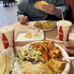Shrimp combo plate \\ Taco tostada meal Shrimp combo plate \\ Taco tostada meal