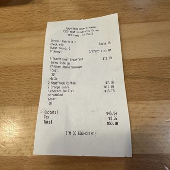 Eggcited Brunch House - Our bill - very reasonable and great value for money! - Breakfast & Brunch Near Me - McKinney, Texas