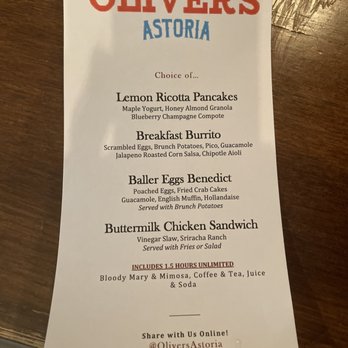 Oliver's Astoria - Party room brunch menu! - New American Near Me - Astoria, New York