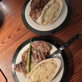 Ruby River Steakhouse - Garlic Peppered Ribeye Steak and Mashed Potatoes, New York Steak and Mashed Potatoes (back) - Steakhouses Near Me - Reno, Nevada