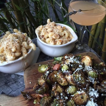 The Pearl Hotel - Our amazing mac and cheese, Brussels sprouts and lavender cocktail!! - San Diego, CA