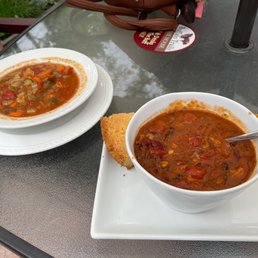 Large Paula Buffalo chilli and small bowl of vegetable soup