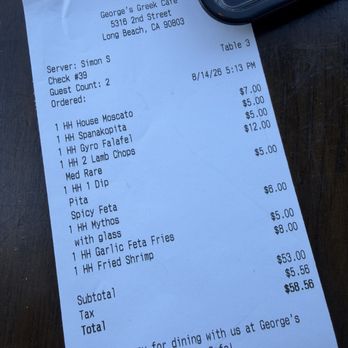 Georges Greek On Second - Happy hour receipt - Greek Near Me - Long Beach, California Georges Greek On Second - Happy hour receipt - Greek Near Me - Long Beach, California