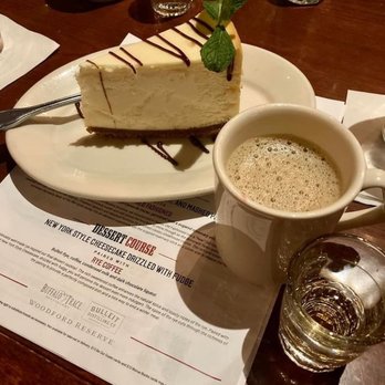 Black Angus Steakhouse - New York Style Cheesecake Drizzled with Fudge and paired with Rye Coffee - Steakhouses Near Me - Temecula, California