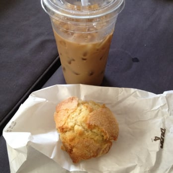 The Muffin Shop - Peach muffin and a large iced coffee. Mm. - American Near Me - Marblehead, Massachusetts