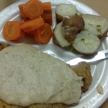 Tip Top Cafe - Daily Special: meat and 2 vegetables. I got the breaded cutlet w/ cream gravy, buttered potatoes and sweet carrots. Yum! - American Near Me - San Antonio, Texas
