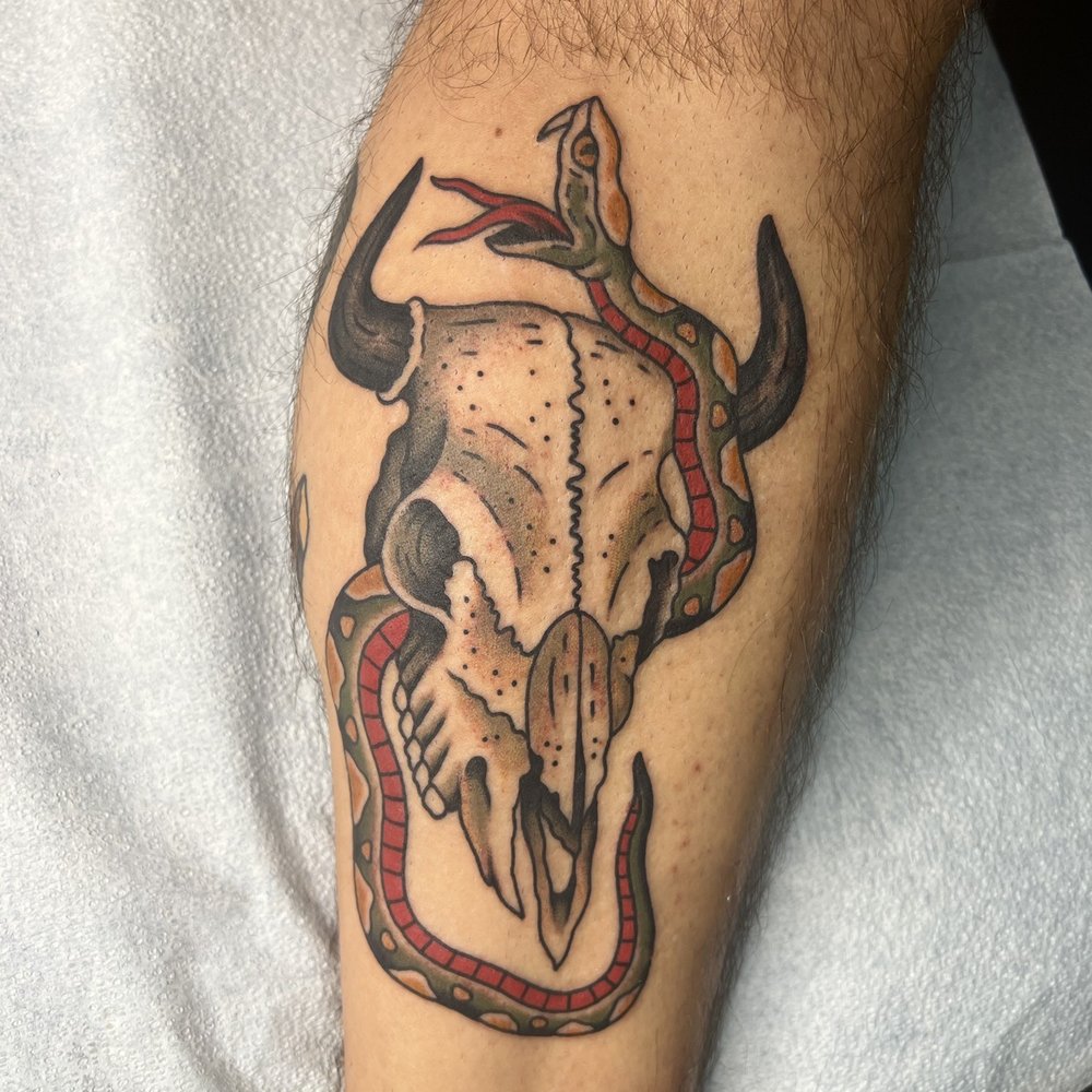 Peacemaker Tattoo Company - Cow skull & snake tattoo - Tattoo Near Me - Jonestown, Texas Peacemaker Tattoo Company - Cow skull & snake tattoo - Tattoo Near Me - Jonestown, Texas