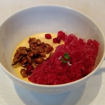 Marea - 5th course. Custard with pomegranate shaved ice and some sugar carmelized seeds. - Italian Near Me - New York, New York Marea - 5th course. Custard with pomegranate shaved ice and some sugar carmelized seeds. - Italian Near Me - New York, New York