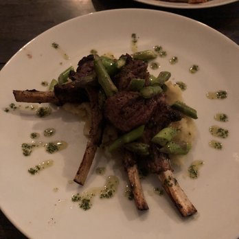 The North Fork - Slow grilled Lamb Chops: mirepoix green basil sauce, asparagus and mashed potatoes - New American Near Me - New York, New York The North Fork - Slow grilled Lamb Chops: mirepoix green basil sauce, asparagus and mashed potatoes - New American Near Me - New York, New York