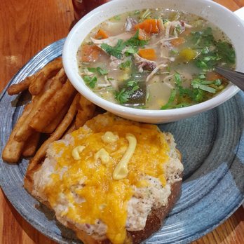 Combo of tuna melt and chicken vegetable soup.  It came with a small order of fries