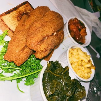 Southern Kitchen - Two piece catfish (fried hard) with collards, candied yams, & mac-n-cheese . - Southern Near Me - Richmond, Virginia
