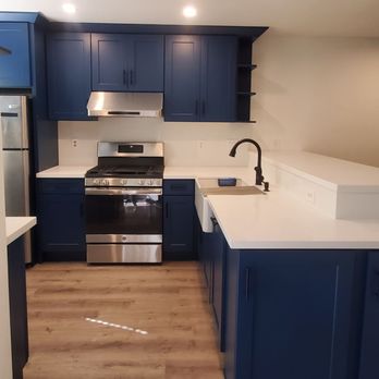 Wynn Kitchen Remodeling - blue cabinets and stainless steel appliances - General Contractors Near Me - Buena Park, California Wynn Kitchen Remodeling - blue cabinets and stainless steel appliances - General Contractors Near Me - Buena Park, California