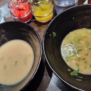 Yokato Yokabai - Broths: pork on the left, chicken on the right. - Ramen Near Me - Montreal, Quebec Yokato Yokabai - Broths: pork on the left, chicken on the right. - Ramen Near Me - Montreal, Quebec