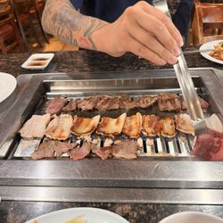 Jeong Won Korean BBQ Buffet - Pork Belly, short ribs, miso soup and japchae.