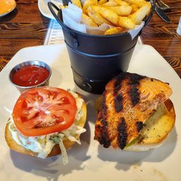 Salmon burger and fries!