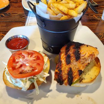 South Ocean Grill - Salmon burger and fries! - Burgers Near Me - Patchogue, New York