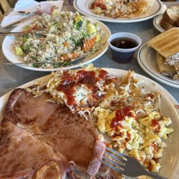 Steak ham with stack of pancakes